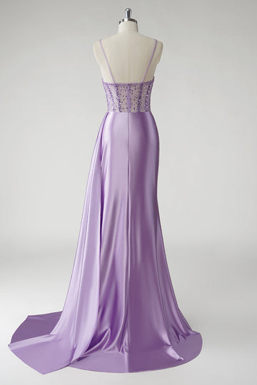 Étincelant violet Corset satin côté cape longue Robe De Soirée avec fente